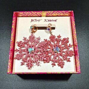 Betsey Johnson NIB Large Snowflake and Hearts Pink Sparkle Drop Earrings